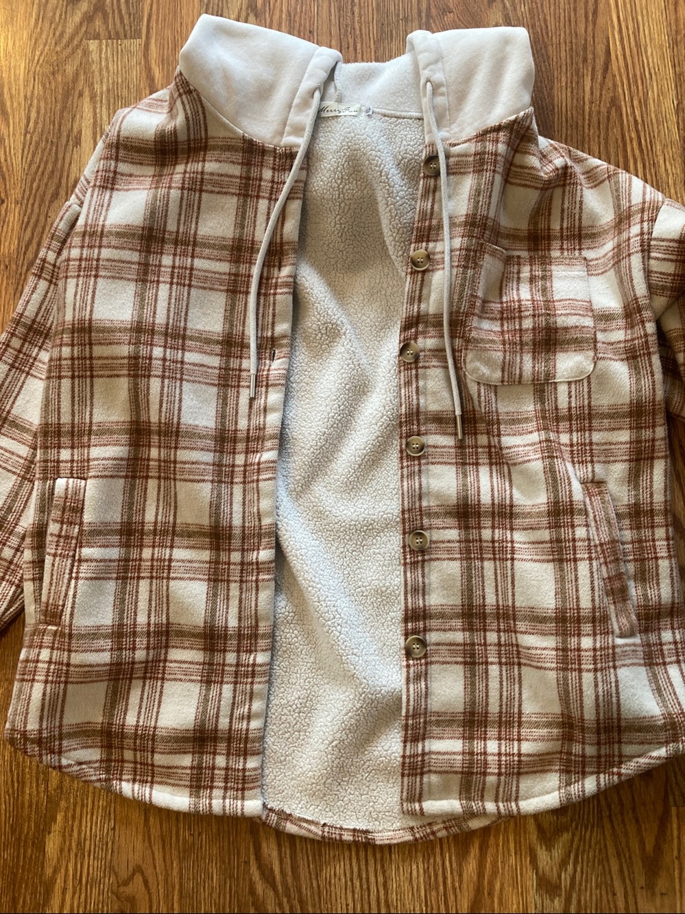 Women's Plaid Button-Up Shacket Jacket - Cream & Brown